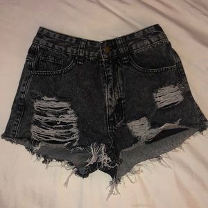 Black distressed denim shorts